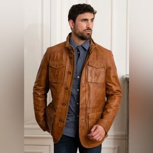 CREMIEUX COLLECTION Brown Lambskin Leather Field Coat Men’s Size L